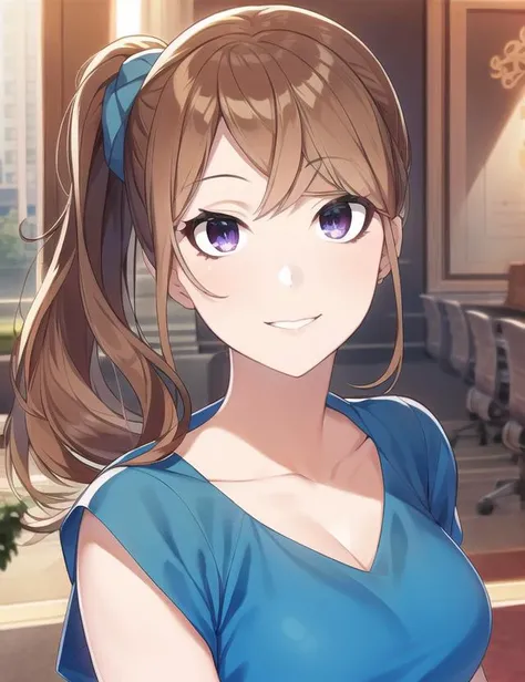 ultra high quality illustration, anime, high quality , 8k, masterpiece, realistic human female, realistic proportions, detailed face, smooth soft skin, realistic dreamy eyes, beautiful intricate colored hair, symmetrical, intricately detailed hair, soft lighting, detailed eyes, beautiful, (looking at the viewer), perfect skin, (beautiful detailed face), Tsukii Honoka, looking at viewer, smile, standing, city street, blue t-shirt, shorts, bracelet, side ponytail, scrunchie,