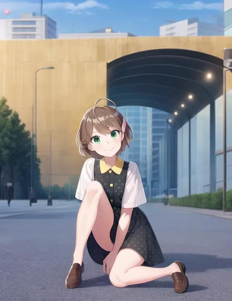 ultra high quality illustration, anime, high quality , 8k, masterpiece, realistic human female, realistic proportions, detailed face, smooth soft skin, realistic dreamy eyes, beautiful intricate colored hair, symmetrical, intricately detailed hair, soft lighting, detailed eyes, beautiful, (looking at the viewer), perfect skin, (beautiful detailed face), Tendo Yuuki, looking at viewer, smile, outdoors, polka dot dress, green eyes, young girl, pink sleeves, yellow collar, yellow trim, ahoge, hair clip, full body, thigh length skirt, shoes, loafers