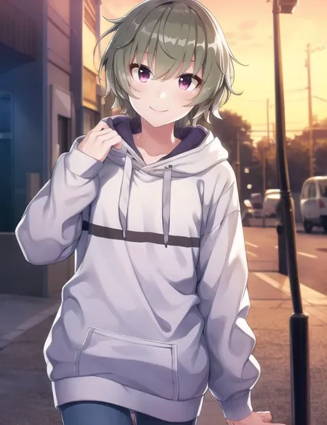 ultra high quality illustration, anime, high quality , 8k, masterpiece, realistic human female, realistic proportions, detailed face, smooth soft skin, realistic dreamy eyes, beautiful intricate colored hair, symmetrical, intricately detailed hair, soft lighting, detailed eyes, beautiful, (looking at the viewer), smooth skin, perfect skin, (beautiful detailed face), Kano Shiho, looking at viewer, smile, long sleeves, pants, hood, hoodie, hood down standing, on street, 1girl