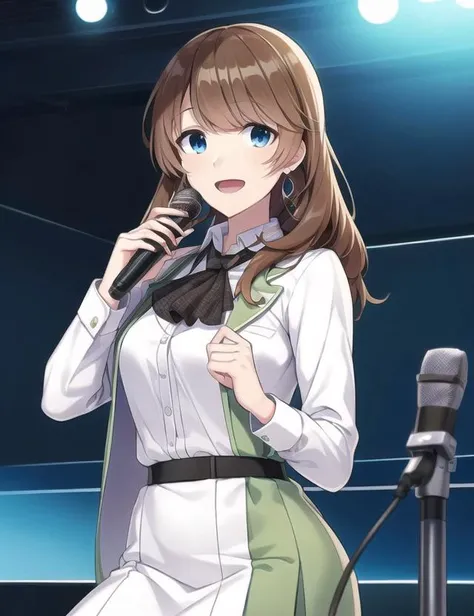 ultra high quality illustration, anime, high quality , 8k, masterpiece, realistic human female, realistic proportions, detailed face, smooth soft skin, realistic dreamy eyes, beautiful intricate colored hair, symmetrical, intricately detailed hair, soft lighting, detailed eyes, beautiful, (looking at the viewer), smooth skin, perfect skin, (beautiful detailed face),yomine miharu, long hair,  looking at viewer, smile, bangs, blue eyes, skirt, brown hair, shirt, long sleeves, dress, jewelry, standing, jacket, white shirt, earrings, collared shirt, belt, white dress, open jacket, ascot, dress shirt, buttons, white jacket, white skirt, green stripe, cropped jacket, belt, black ascot, singing, singing on stage,holding, microphone, holding microphone, open mouth