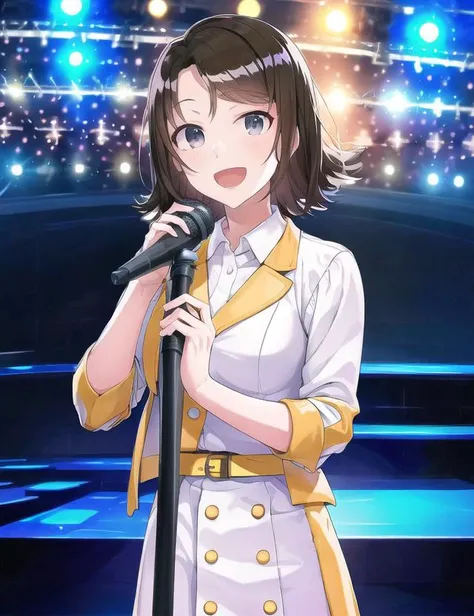 ultra high quality illustration, anime, high quality , 8k, masterpiece, realistic human female, realistic proportions, detailed face, smooth soft skin, realistic dreamy eyes, beautiful intricate colored hair, symmetrical, intricately detailed hair, soft lighting, detailed eyes, beautiful, (looking at the viewer), smooth skin, perfect skin, (beautiful detailed face), Myojin Rinne, looking at viewer, smile, bangs, skirt, brown hair, shirt, long sleeves, closed mouth, standing, jacket, white shirt, collared shirt, belt, hand up, medium hair, grey eyes, buttons, swept bangs, white jacket, white skirt, yellow skirt, black belt, stage, stage lights, screen, belt, on stage singing, idol, singing, holding, holding microphone, open mouth, yellow stripe, monitor,
