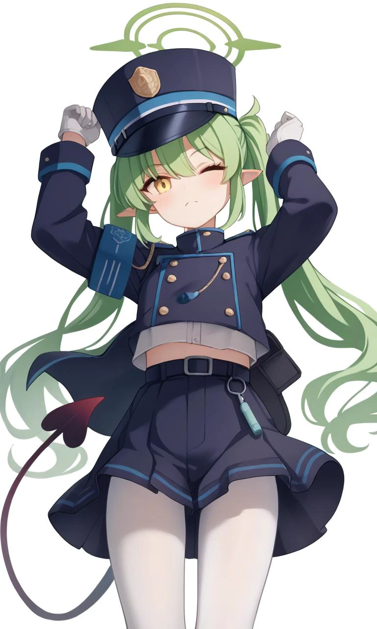 <lora:Style_Adjust_for_Pony:1.2>,score_9,score_8_up,score_7_up,score_6_up,score_5_up,score_4_up,source_anime,
<lora:highlander_pony:0.8:lbw=1,0,0,0,0,0,0,0,1,1,1,1,1,0.8,0.8,1,1,0,0,0,0,0,0,0,0,0>,sittiing,arms up,one eye closed,1girl,green hair,highres,pointy_ears,peaked_cap,long_sleeves,white_gloves,white_pantyhose,black_hat,highlander_twintails_conductor_\(blue_archive\),green_halo,demon_tail,
