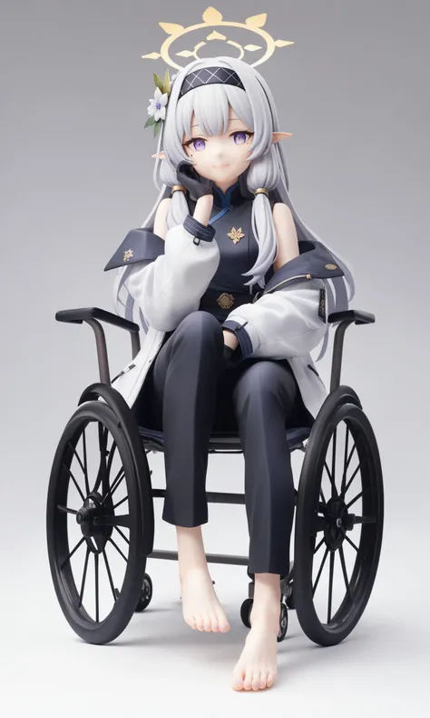 score_9,score_8_up,score_7_up,score_6_up,score_5_up,score_4_up,source_anime,
himari (blue archive),wheelchair,1girl,barefoot,solo,pointy ears,halo,feet,toes,long hair,hair ornament,looking at viewer,hairband,gloves,black gloves,hair flower,smile,sitting,flower,toenails,purple eyes,mole under eye,foot focus,hair tubes,mole,simple background,foreshortening,grey hair,black hairband,closed mouth,pants,jacket,long sleeves,white jacket,white hair,black pants,white flower,grey background,striped hairband,