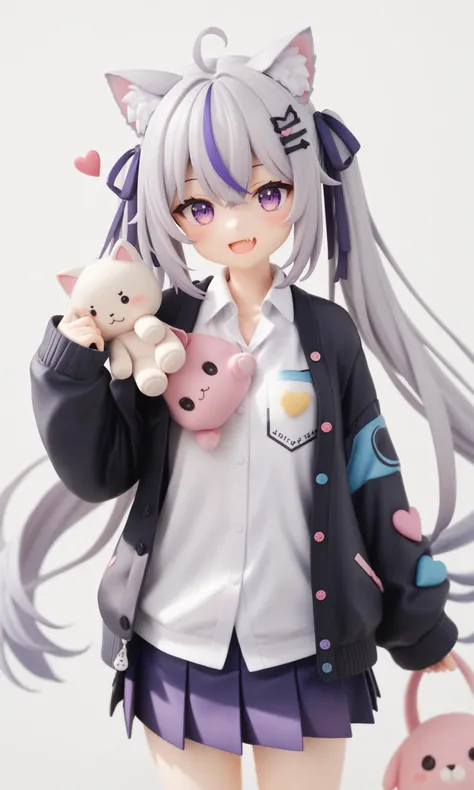 score_9,score_8_up,score_7_up,score_6_up,score_5_up,score_4_up,source_anime,
1girl, animal ears, skirt, twintails, long hair, animal ear fluff, jacket, white background, black jacket, looking at viewer, shirt, solo, fang, simple background, pleated skirt, long sleeves, heart, hair ornament, sleeves past wrists, open clothes, white shirt, open mouth, collared shirt, open jacket, purple eyes, purple skirt, very long hair, white hair, skin fang, blush, bow, multicolored hair, ribbon, cardigan, hair ribbon, hugging object, smile, grey hair, sweater, pink eyes, cat ears, :d, stuffed toy, virtual youtuber, hair between eyes, streaked hair
