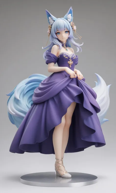 score_9,score_8_up,score_7_up,score_6_up,score_5_up,score_4_up,On the snow-covered ground, a girl with fox ears and a tail moves gracefully,look at viewer. Her purple dress is adorned with delicate white lace, contrasting beautifully with her snowy complexion. Her hair is a vibrant gold, cascading down her back, while the pair of fluffy fox ears add a touch of playfulness and mystery. Her eyes are a deep blue-gray, sparkling with a crystalline light. A bushy fox tail sways gently with her steps, bringing a warm hue to the cold snowy world.