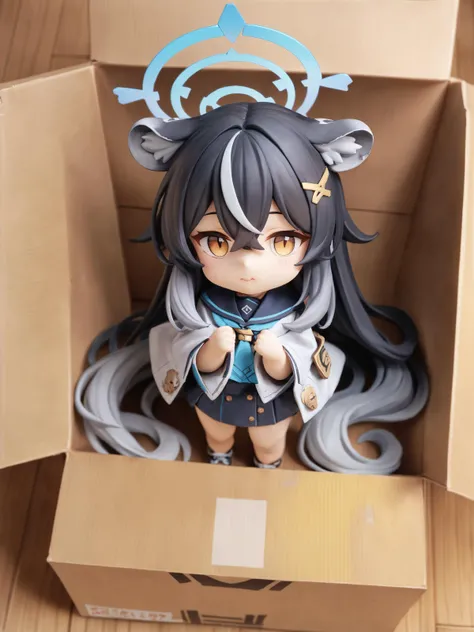 (score_9,score_8_up,score_7_up,score_6_up,score_5_up,score_4_up),
chibi,kokona (blue archive),1girl,animal ears,halo,cardboard box,solo,in container,black hair,box,multicolored hair,in box,streaked hair,grey hair,peeking out,blue halo,indoors,brown eyes,hair between eyes,long hair,hiding,wooden floor,tiger ears,