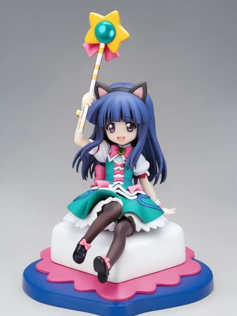 score_9, score_8_up, score_7_up, score_6_up, source_anime, <lora:0r0P00W0n0j0O0kqLPony_LoRA_V1>, 1girl, solo, furude rika, (tween:1.2), kawaii, blue hair, purple eyes, long hair, blunt bangs, bangs, simple background, white background, fake animal ears, animal ears, thighhighs, cat ears, long hair, star (symbol), magical girl, bow, pink bow, open mouth, green shirt, short sleeves, green skirt, puffy sleeves, puffy short sleeves, (sitting), (wariza), black footwear, smile
