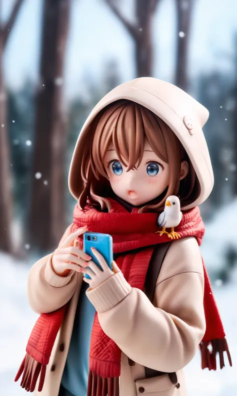 score_9,score_8_up,score_7_up,score_6_up,source_anime,1girl,safe,solo,long hair,blush,open mouth,blue eyes,brown hair,long sleeves,hair ornament,holding,hair between eyes,upper body,outdoors,hood,blurry,scarf,:o,sweater,fingernails,tree,blurry background,bird,phone,hood down,cellphone,smartphone,pink nails,holding phone,red scarf,winter,
shallow depth of field,highly detailed,high budget,cinemascope,epic,color graded cinematic,atmospheric lighting,imperfections,natural,shallow dof,