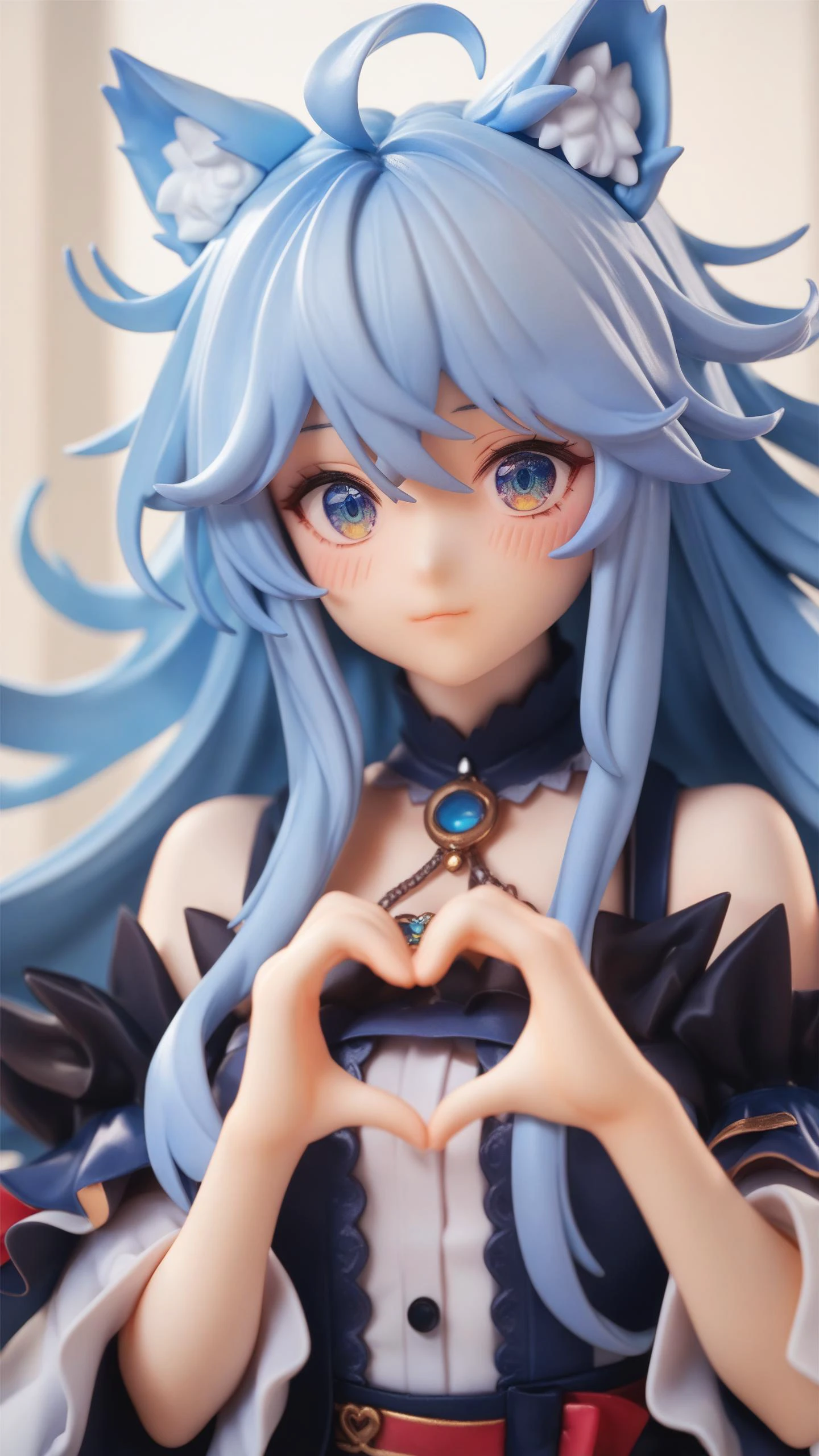 (score_9,score_8_up,score_7_up),source_anime,
wolf ears,light blue hair,long hair,slant eyes,messy hair,idol,stage,hand heart,blush,portrait,