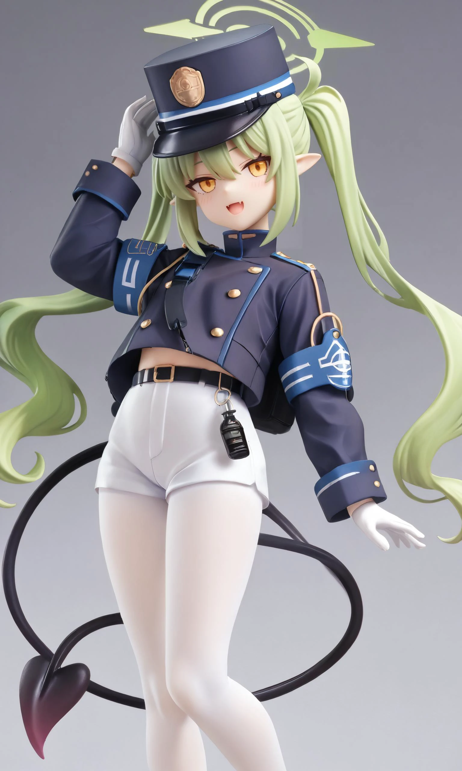 score_9,score_8_up,score_7_up,score_6_up,score_5_up,score_4_up,source_anime,
<lora:highlander_pony:1>ï¼1girl, highres, pointy_ears, peaked_cap, long_sleeves, white_gloves, white_pantyhose, black_hat, highlander_twintails_conductor_\(blue_archive\), green_halo, demon_tail