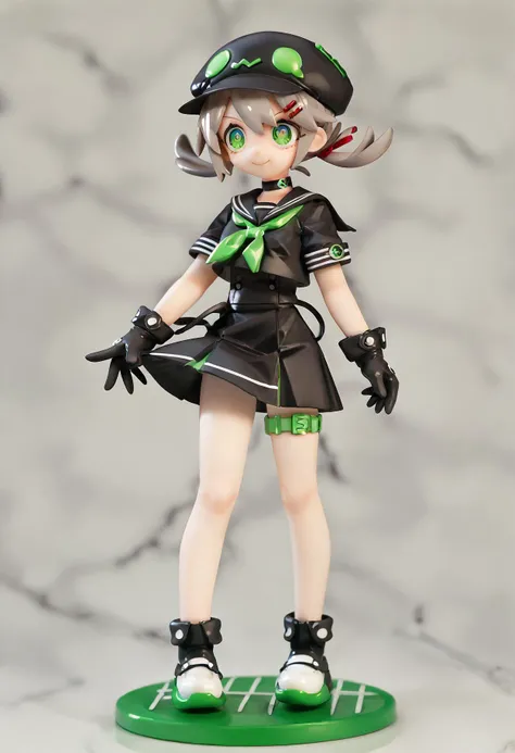 (score_9,score_8_up,score_7_up),source_anime,alter, 1girl, solo, sailor_collar, green_eyes, hair_ornament, hairclip, shirt, colored_skin, school_uniform, neckerchief, simple_background, green_neckerchief, serafuku, smile, grey_hair, twintails, gloves, black_shirt, skirt, hat, black_gloves, choker, low_twintails, blue_skin, full_body, black_headwear, black_skirt, standing, short_sleeves, short_twintails, closed_mouth, black_choker, thigh_strap, shoes, white_footwear, cabbie_hat, <lora:lvziXL-000010:0.8>