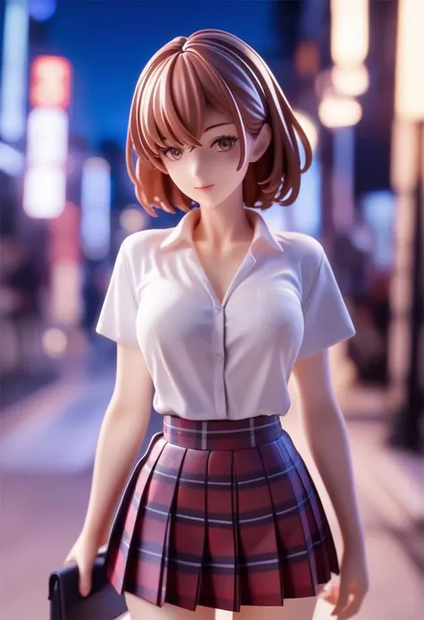 (score_9,score_8_up,score_7_up),source_anime,
mature female, Cinematic Lighting,narrow_waist,slender face,skinny,street at night,red plaid pleated skirt,short hair,sexy white shirt,