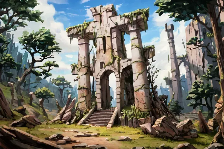 score_9, score_8_up, score_7_up, fantasy landscape speed painting by Martin Grip, Symbaroum, tainted forest ruins, barbarian