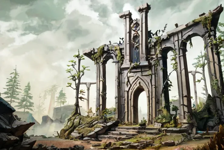 score_9, score_8_up, score_7_up, fantasy landscape speed painting by Martin Grip, Symbaroum, corrupted forest ruins, priestess