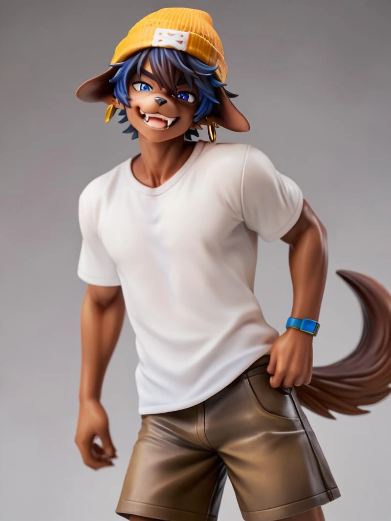 score_9, score_8_up, score_7_up, high quality, hires, male, solo focus, domestic dog, (brown body, blue eyes, white short hair, detailed eyes, floppy ears, tail), shorts, white shirt, yellow beanie, smug, looking at viewer, fangs, (golden earrings),