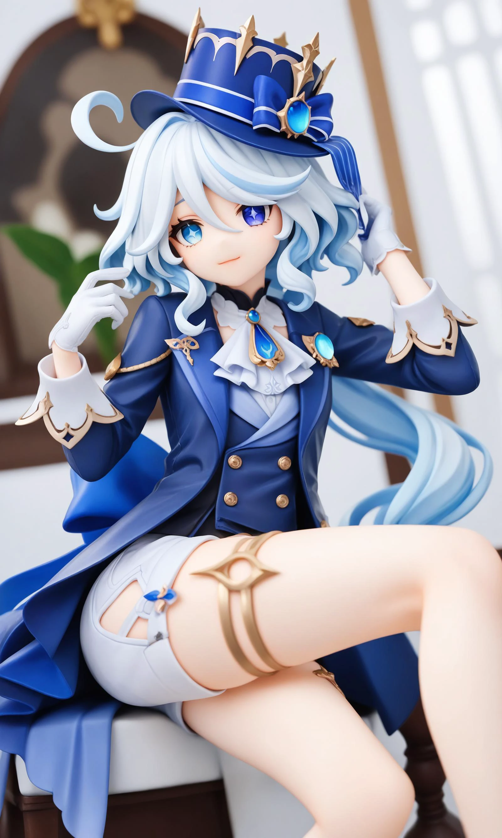 score_9,score_8_up,score_7_up,score_6_up,score_5_up,score_4_up,
<lora:genshin_pony_v2:0.8>,furina_\(genshin_impact\),1girl,heterochromia,long_sleeves,blue_headwear,blue_jacket,top_hat,white_gloves,blue_ascot,black_gloves,hair_intakes,symbol-shaped_pupils,mismatched_pupils,sidelocks,drop-shaped_pupils,thigh_strap,brooch,mismatched_gloves,white_shorts,:d,hand_up,alternate_costume,blue_bow,blue_gemstone,white_shirt,