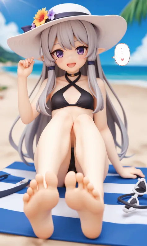 score_9,score_8_up,score_7_up,score_6_up,score_5_up,score_4_up,source_pony,1girl,toes,feet,flower,swimsuit,barefoot,soles,outdoors,bikini,purple eyes,foot focus,beach,breasts,hair flower,pointy ears,hat,sun hat,hair ornament,spoken character,black bikini,long hair,toenails,small breasts,grey hair,halo,pov,open mouth,day,smile,mole under eye,mole,blush,white headwear,hat flower,looking at viewer,legs,ocean,hair tubes,speech bubble,collarbone,sitting,choker,foreshortening,hand up,bare legs,black choker,solo focus,alternate costume,feet up,criss-cross halter,sand,sky,halterneck,spread toes,blue sky,