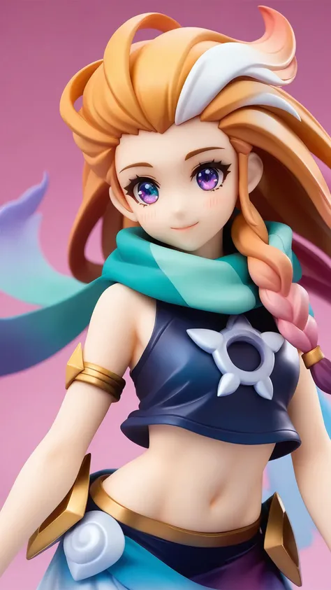 (score_9,score_8_up,score_7_up),source_anime,
<lora:league_of_legends_pony:1>,1girl, :q, armlet, bare_arms, bare_shoulders, blue_background, blush, brown_hair, green_background, green_eyes, green_scarf, hair_ornament, long_hair, multicolored_background, multicolored_hair, navel, pink_background, pink_hair, purple_eyes, single_braid, smile, solo, stomach, zoe_\(league_of_legends\)