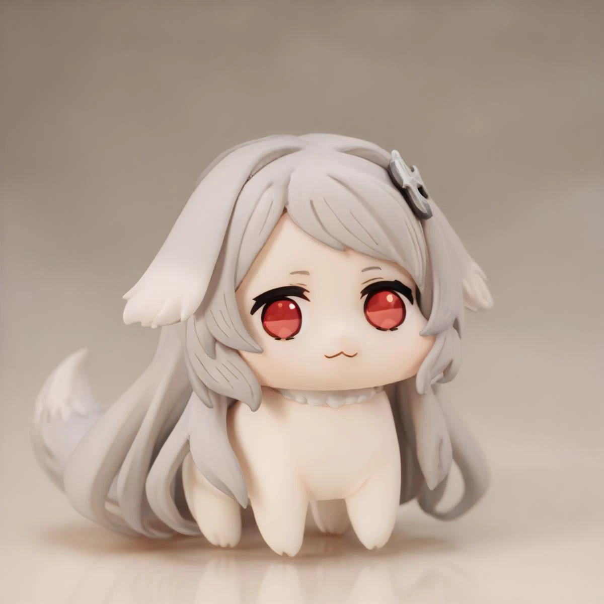 <lora:Doro_X_PDXL_V1:1>,doro,creature,:3,chibi,(no humans),white skin,solid circle eyes,no pupils,four legs,score_9,score_8_up,score_7_up,sideways,
looking at viewer,simple background,white background,<lora:MushokuTensei_PursenaXL:1> PursenaMT, grey hair, long hair, red eyes, dog ears, dog tail,