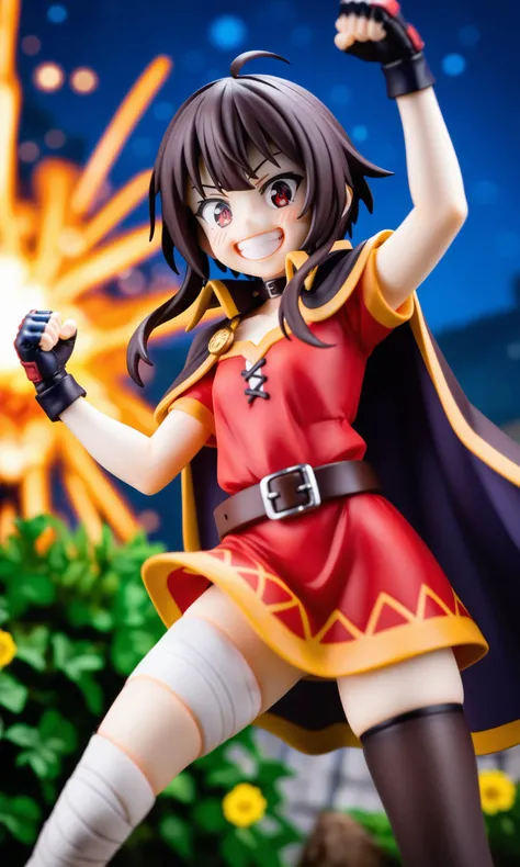 score_9,score_8_up,score_7_up,source_anime,
rating_safe,khyle.,
1girl,solo,megumin,short hair,black hair,red eyes,short hair with long locks,black choker,thighhighs,gloves,dress,black gloves,belt,black thighhighs,fingerless gloves,cape,collar,bandages,red dress,single thighhigh,asymmetrical legwear,bandaged leg,excited,crazy grin,blush,dynamic pose,arm up,raised fist,clenched hands,wide stance,((Nuclear Explosion in the Background)),dark black mushroom cloud,spark trails,medieval town backdrop,bushes with flowers along a stone road,night,starry sky,dutch angle,cowboy shot,bokeh,