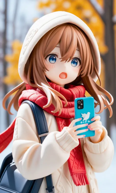 score_9,score_8_up,score_7_up,source_anime,
1girl,safe,solo,long hair,blush,open mouth,blue eyes,brown hair,long sleeves,hair ornament,holding,hair between eyes,upper body,outdoors,hood,blurry,scarf,:o,sweater,fingernails,tree,blurry background,bird,phone,hood down,cellphone,smartphone,pink nails,holding phone,red scarf,winter,