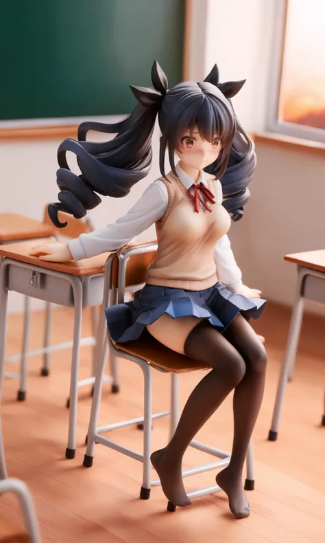 score_9,score_8_up,score_7_up,score_6_up,source_anime,
1girl,solo,looking at viewer,aaranko,long hair,twintails,twin drills,hair bow,medium breasts,school uniform,long sleeves,indoors,classroom,school desk,window,curtains,indian style,hands on feet,from above,pleated skirt,white shirt,collared shirt,blue skirt,sweater vest,blazer,miniskirt,black thighhighs,school chair,wind,wind lift,evening,orange sky,wooden floor,on desk,upskirt,neck ribbon,panties,pantyshot,closed mouth,blush,nose blush,embarrassed,
shallow depth of field,highly detailed,high budget,cinemascope,epic,color graded cinematic,atmospheric lighting,imperfections,natural,shallow dof,