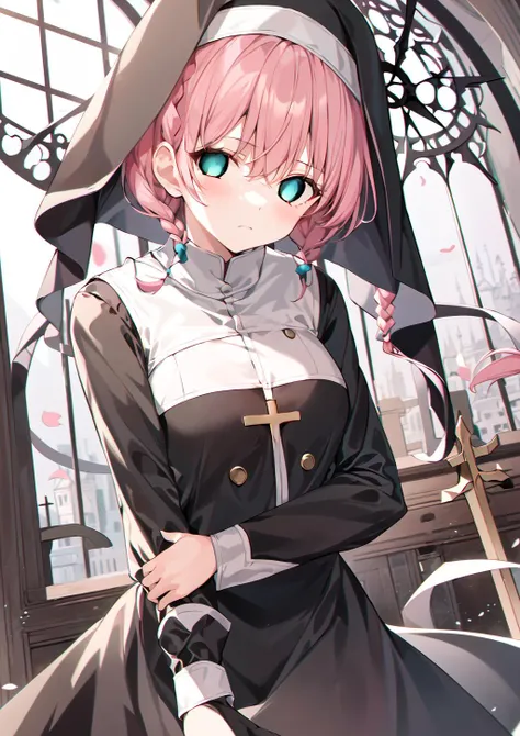 (masterpiece, best quality),
1girl, solo,
church, upper body,
standing, disdain, looking at viewer, 
nun, short nun hat, black dress, 
(pink short hair, short twin braids:1.2), green eyes, <lora:EmptyEyes_Diffuser_v10:3>, closed mouth, small breasts,