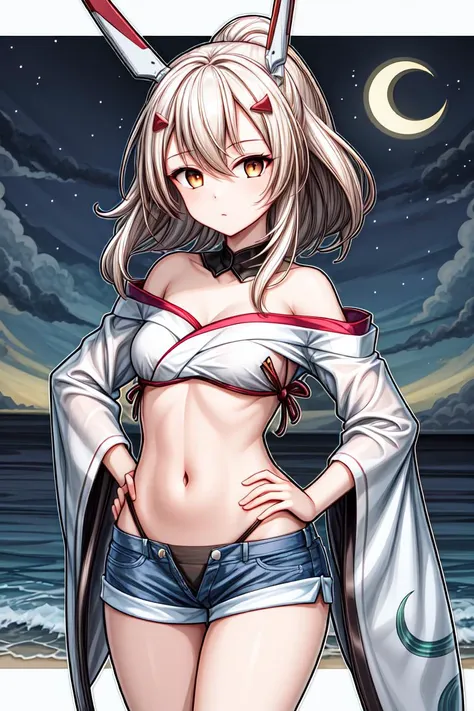 1girl,solo, 
<lora:Ayanami_AzurLan:0.8>, ayanami, silver hair, hair_ornament, off_shoulder, navel, John French Sloan, Hands on hips pose, psychadelic woodblock, 
Kimono, Button-up Shirt, Dressy shorts, Pumps,
looking at viewer, 
terrifying <lora:EmptyEyes_Diffuser_v10:0.8>, empty eyes,
twisted dramatically lit, 1ms shutter speed, back lighting, F 2.8 lens, level beautiful crescent moon over the ocean, Marketplace,
<lora:hyperdetailer_v095:1.0>, <lora:outline:0.6>, weird atmosphere, (best quality:1.1), (masterpiece:1.2), high quality shadow, beautiful detailed, (high detailed skin, skin details), (wide_landscape, 8k), beautiful face, detailed eyes, depth of field, dramatic light, best quality, highres, best shadow, best illumination,