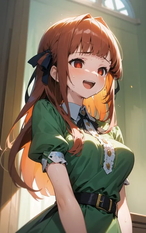 (masterpiece:1.2),best quality,illustration,beautiful detailed girl,
(1girl) (standing at attention),front view,(arms aside:1.0),
(sweat:1.2),(smile:1.1),open mouth,upper body,red eyes,
(long hair:1.1),blunt bangs,green frilled dress,botton,ribbon,belt,
backlighting <lora:EmptyEyes_Diffuser_v10:2.0>