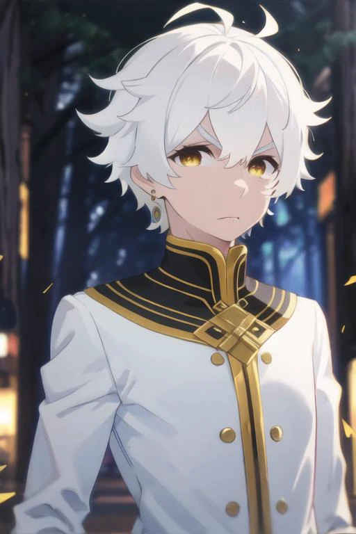 masterpiece, best quality, , 1boy, solo, male focus, looking at viewer, upper body, depth of field, <lora:regulus_corneas:0.74>, regulus_corneas, white hair, yellow eyes, jewelry, school uniform