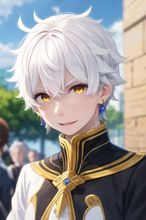 masterpiece, best quality, , 1boy, solo, male focus, looking at viewer, upper body, depth of field, <lora:regulus_corneas:0.74>, regulus_corneas, white hair, yellow eyes, jewelry, school uniform