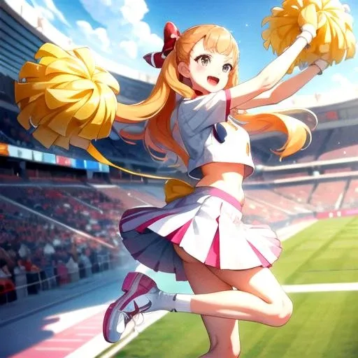 <lora:Kathrina-03:0.8>, kathrinawds, solo, looking at viewer, smile, open mouth, skirt, bow, holding, hair bow, pleated skirt, shoes, socks, midriff, two side up, crop top, white footwear, white socks, sneakers, pink skirt, cheerleader, pom pom (cheerleading), balloon, crowd, holding pom poms, stadium