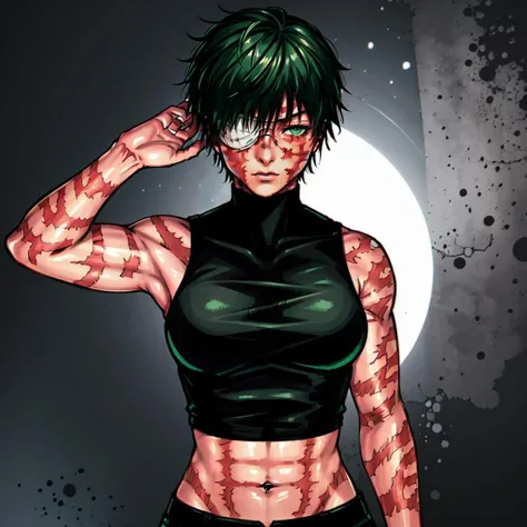1girl,abs,scar,solo,short hair,green eyes,glasses,muscular female,green hair,muscular,navel,scar on face,breasts,midriff,burn scar,round eyewear,looking at viewer,scar on arm,belt,black hair,crop top,bare shoulders,bangs,