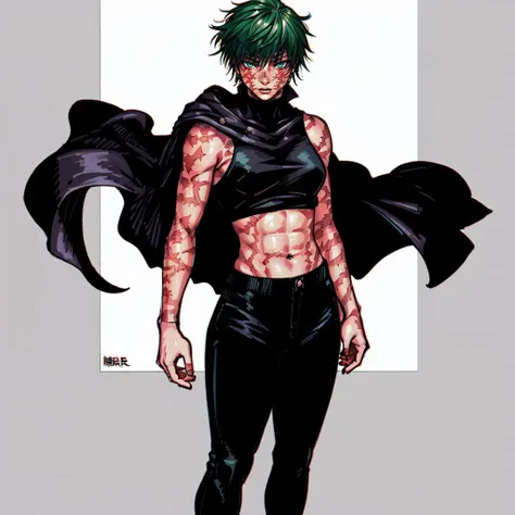 Full body image of Maki Zenin from Jujutsu Kaisen, full body in image, wearing her post-clan outfit (sleeves torn, harem pants), visible scars, short dark hair, female body, athletic and muscular body, dynamic pose, detailed pose, simple background, expressive face showing determination, focus on face, line art, sketch