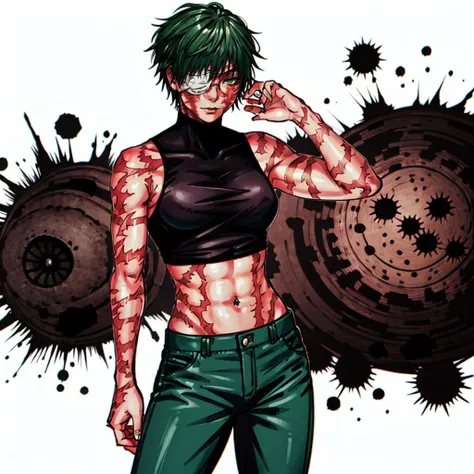 masterpiece,high quality,solo,anime color,
<lora:MakiKakusei001:0.7>,
MakiKakusei,1girl,
round-rimmed glasses,eyepatch,one eye covered,bandage over one eye,bandaged head,
short hair,green eyes,facial burns,arm burns,
black shirt,sleeveless turtleneck,bare shoulders,bare arms,midriff,veins,stomach,navel,pants,
full body,standing,
