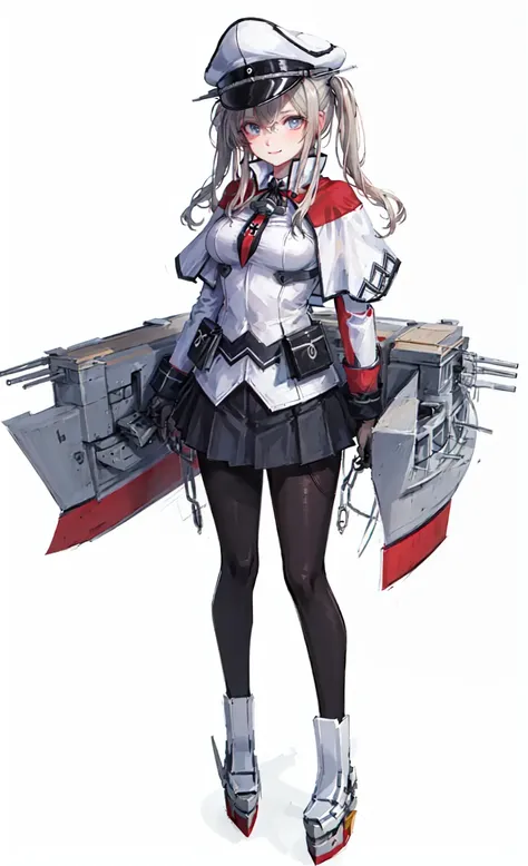 masterpiece, best quality,  highres, abusrdres, (1girl, solo), (simple background), (white background:1.3), (straight-on:1.5), natural, hairclips, solo focus, looking at viewer, facing viewer, standing,  light smile,full body, graf zeppelin \(kancolle\),   pantyhose, gloves, hat, skirt,  capelet, black gloves, black pantyhose, sidelocks, peaked cap, uniform, breasts, hair between eyes, pleated skirt,  black skirt, cross, military, necktie, miniskirt, , military uniform, large breasts, iron cross, jacket, white capelet, long sleeves, white headwear,military hat, white jacket, tsurime