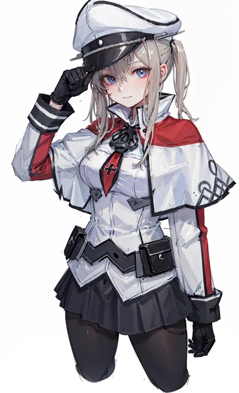 masterpiece, best quality, highres, abusrdres, (1girl, solo), (simple background), (white background:1.3), (straight-on:1.5), natural, hairclips, solo focus, looking at viewer, facing viewer, standing, light smile,(cropped legs ), graf zeppelin \(kancolle\), pantyhose, gloves, hat, skirt, capelet, black gloves, black pantyhose, sidelocks, peaked cap, uniform, breasts, hair between eyes, pleated skirt, black skirt, cross, military, necktie, miniskirt, , military uniform, large breasts, iron cross, jacket, white capelet, long sleeves, white headwear,military hat, white jacket, tsurime