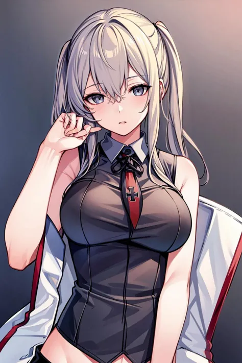 masterpiece, best quality, highres, <lora:KC_Graf-000013:0.7>, ,graf zeppelin, graf zeppelin \(kancolle\), grey eyes, large breasts, (sleeveless shirt:1.4)