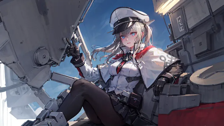 masterpiece, hires, absurdres, best quality,  graf zeppelin \(kancolle\),   pantyhose, gloves, hat, skirt,  capelet, black gloves, black pantyhose, sidelocks, peaked cap, uniform, breasts, hair between eyes, pleated skirt,  black skirt, cross, military, necktie, miniskirt, military uniform, large breasts, iron cross, jacket, white capelet, long sleeves, white headwear,military hat, white jacket, tsurime, 1girl, solo, dynamic pose, solo focus, vivid color,Cyberpunk, futuristic city, neon lights, rain, high-tech, robots, androids, holographic advertisements, flying cars, dark alleyways, augmented reality, cyber-enhancements, virtual reality, dystopian