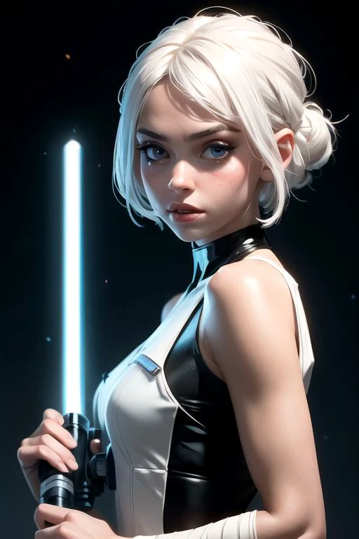 masterpiece, 1girl, with light saber, star wars, best quality, cinematic lighting, bust shot, extremely detail CG Unity 8K, white hair