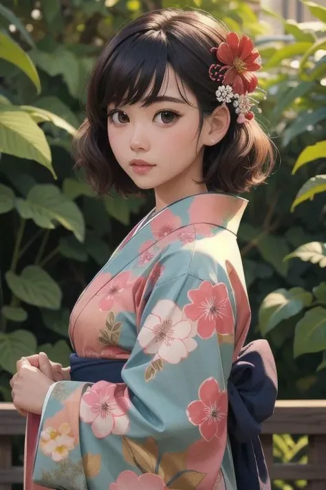 1girl, solo, outdoor, cute japanese model girl, kimono, floral print, hair ornament, looking at viewer, hair flower, brown eyes, bangs, masterpiece, best quality, realistic