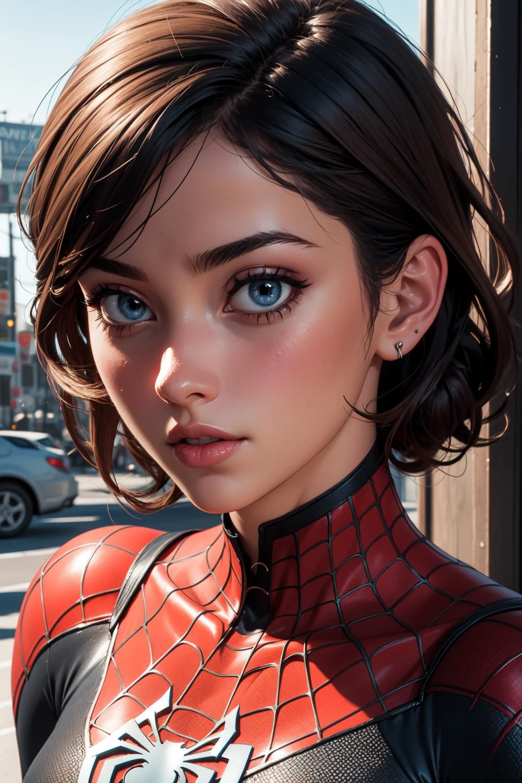 1girl, (masterpice), highres, high detailed, high quality, (solo), 4k, cg, pixiv, (perfect face and eyes), detailed face, dynamic light, intense shadows, intricate_details, highres, spiderman-man, sexy, cute, outdoors