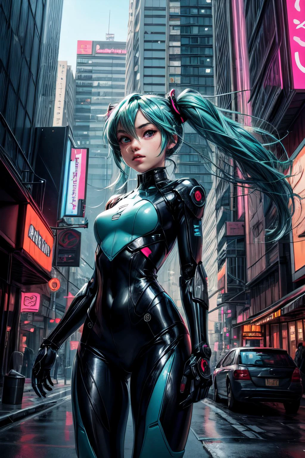 1girl, (masterpice), highres, high detailed, high quality, (solo), 4k, cg, pixiv, (perfect face and eyes), detailed face, dynamic light, intense shadows, intricate_details, highres, hatsune miku, robot arms, outdoors, looking at viewer, city, cyberpunk, science fiction, <lora:more_details:1>, bodysuit, mecha, walking, wind,
