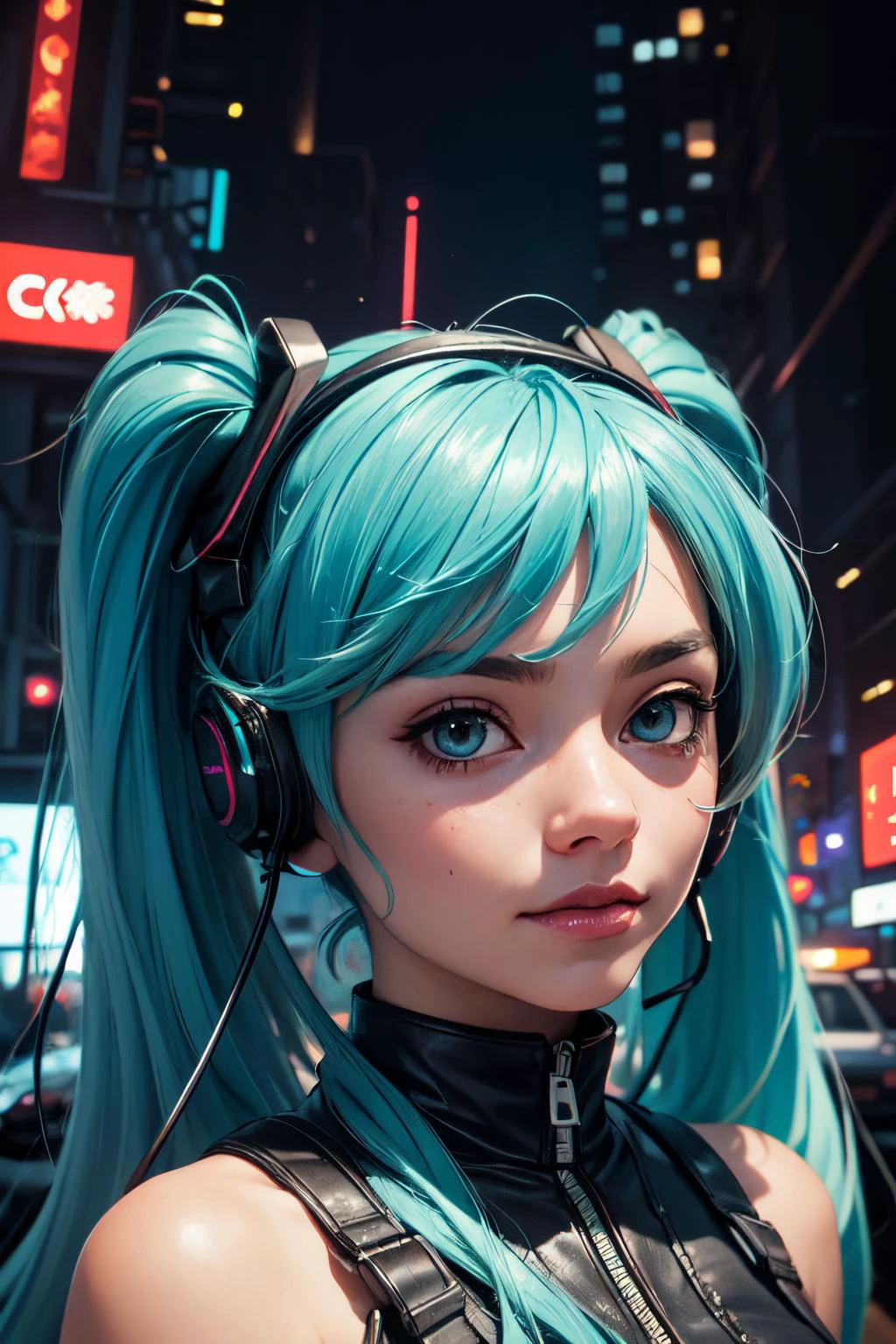 1girl, (masterpice), highres, high detailed, high quality, (solo), 4k, cg, pixiv, (perfect face and eyes), detailed face, dynamic light, intense shadows, intricate_details, highres, hatsune miku, robot arms, outdoors, looking at viewer, city, cyberpunk, science fiction