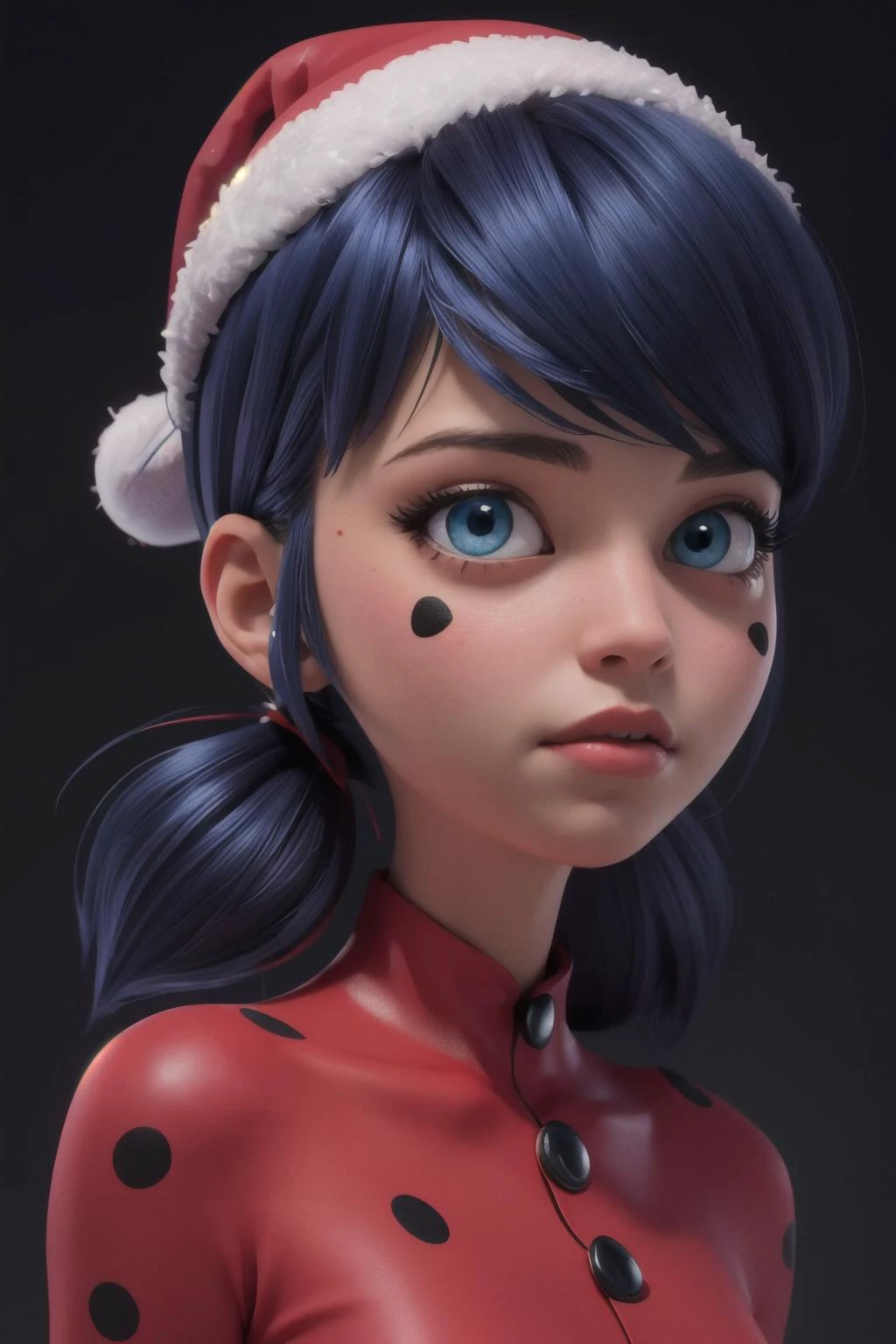 winter, Christmas tree, Christmas season, portrait, neon hair, lips, spark, Pullover Sweater, indoor, ((simple background:1.2)), (((masterpiece))),(((best quality))),((ultra-detailed)), Hyper Real, Photorealistic, 16K, high detail, high resolution, art by Lovis Corinth, santa claus hat, (santa claus costume:1.3), xmas, <lora:Ladybug:0.55> red mask with black spots, red suit with black spots <lora:marinette:0.45>, sky blue eyes, (blue hair, hair laces, short twintails)