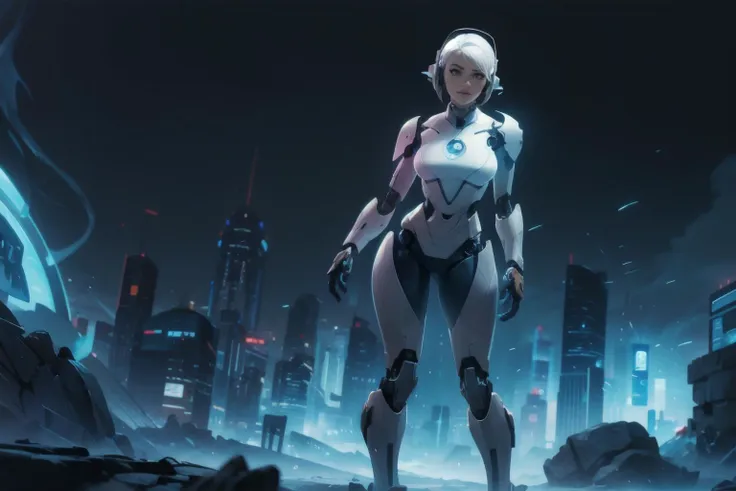 masterpiece, best quality, solo, <lora:futurediffusion:0.55>  female cyborg, white hair, bob cut, headphones, full body,  <lora:last:0.3> league of legends splash art, dynamic