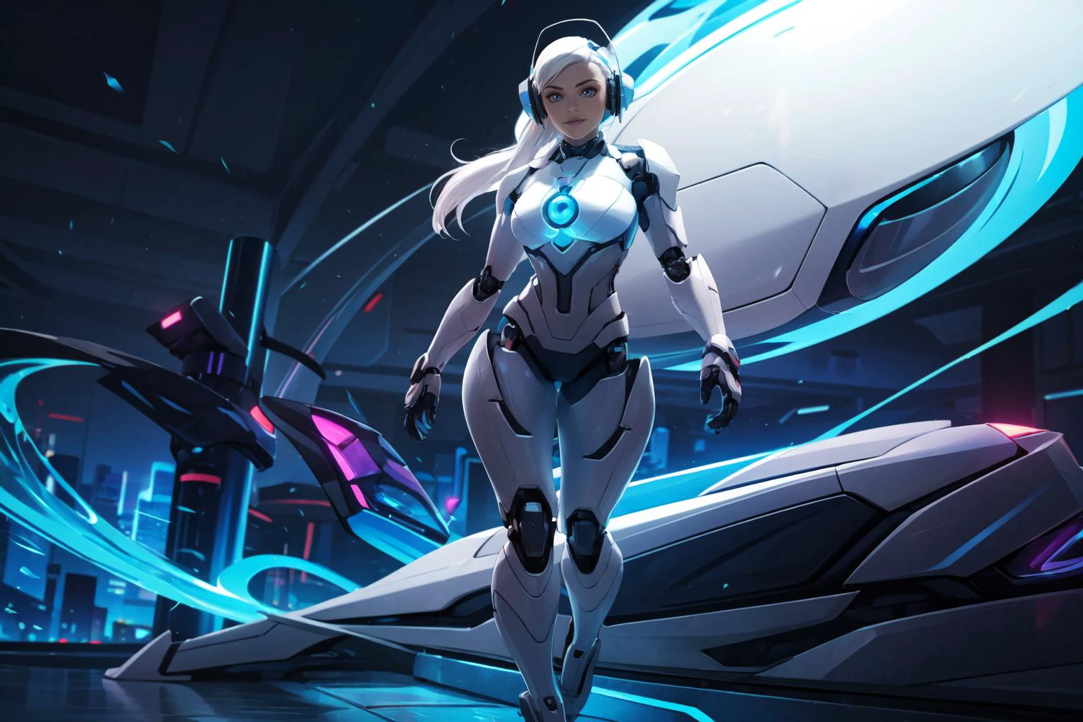 masterpiece, best quality, solo, <lora:futurediffusion:0.55> female cyborg, headphones, long hair, white hair, full body, <lora:last:0.35> league of legends splash art, dynamic, complex background,