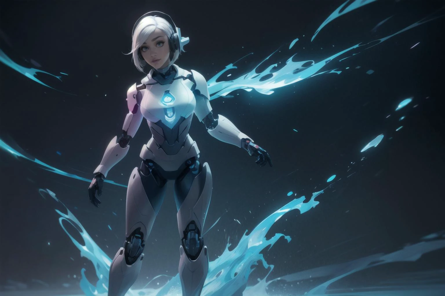 masterpiece, best quality, solo, <lora:futurediffusion:0.55> female cyborg, white hair, bob cut, headphones, full body, <lora:last:0.3> league of legends splash art, dynamic