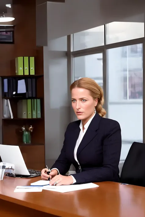 sks woman wearing a business uit, sitting at an office desk