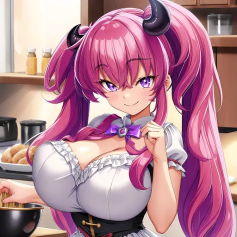 score_9, score_8_up, score_7_up, score_6_up, score_5_up, score_4_up, , source_anime, 1girl, solo, ((enormous breasts, large breasts, huge breasts)), looking at viewer BREAK ilulu \(Miss Kobayashi's Dragon Maid\), happy smile, BREAK pointy ears, dragon girl, apron, black apron, looking at viewer, cleavage, red hair, collarbone, long hair, red eyes, shirt, twintails, heart, blush, multicolored hair, bangs, pink hair, thighhighs, pov, choker, indoors, kitchen, simple kitchen, late afternoon, sunset, cinematic lighting, detailed lighting, low light, very intricate, high quality details,